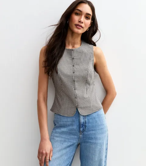 Women's Black Gingham Jersey Button Up Top