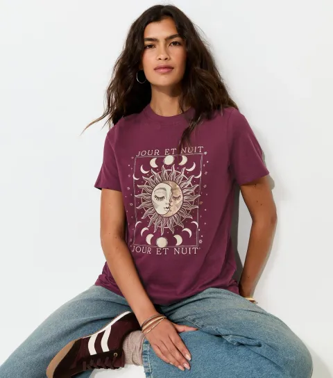 Women's Dark Burgundy Cotton Jour Et Nuit Print Relaxed T-Shirt