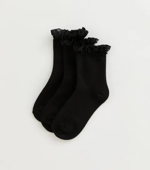 Girls' Pack of 3 Black Frill Trim Cable Socks