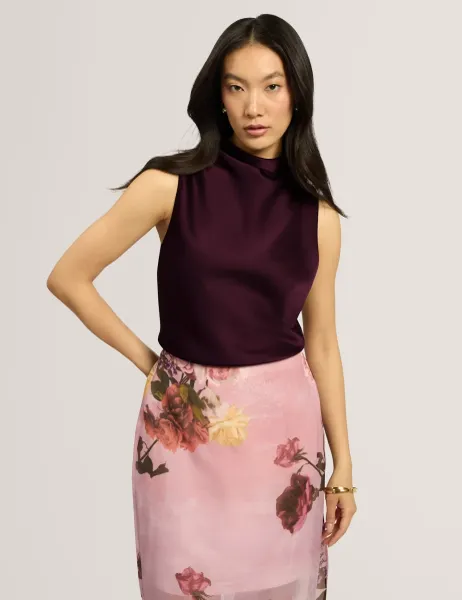 Ted Baker Cotton Rich Draped Cowl Neck Top Dark Purple