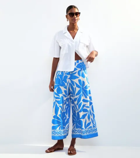 New Look Women's Blue Leaf Print Cropped Wide Leg Trousers