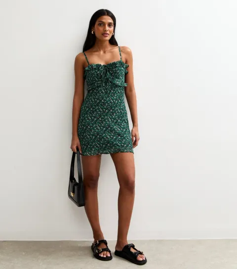 Women's Green Chiffon Floral Print Strappy Mini Dress