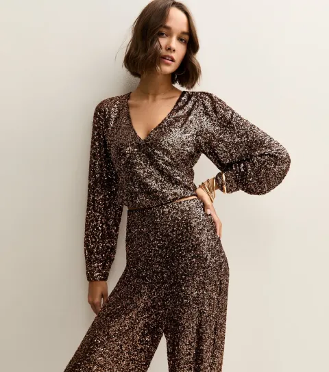 Women's Mid Brown Sequinned Long Sleeve Top