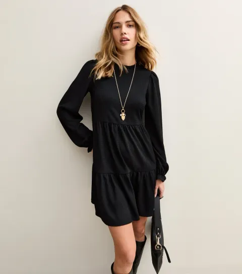 New Look Women's Black Smocked Tiered Mini Dress