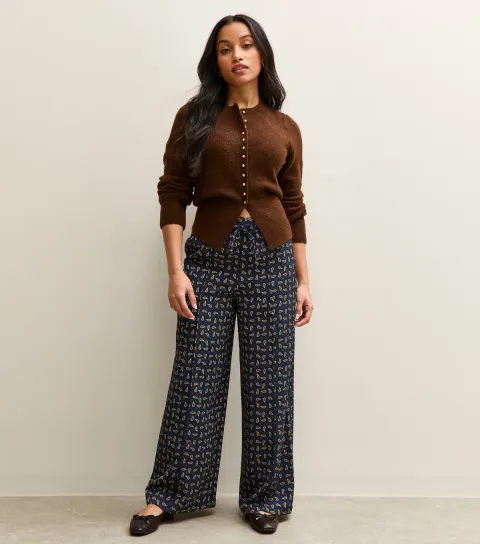 Women's Petite Blue Satin Paisley Wide Leg Trousers