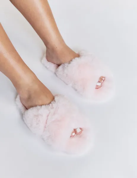 Boux Avenue Faux Fur Crossover Slider Slippers Pink