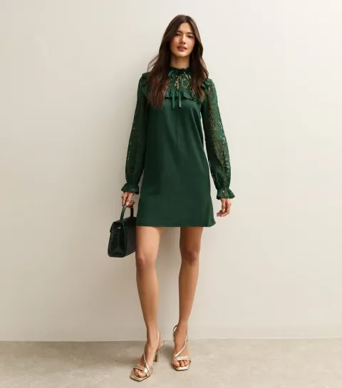 Women's Dark Green Lace Sleeve Smock Mini Dress