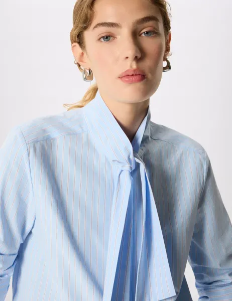 Whistles Pure Cotton Striped Tie Neck Shirt Blue Mix