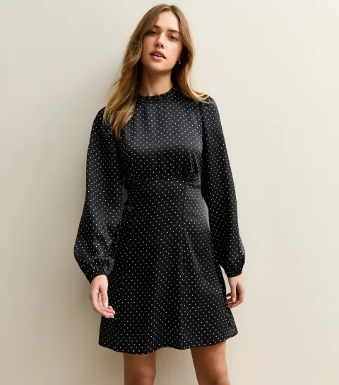 Women's Black Polka Dot Long Sleeve Satin Mini Dress