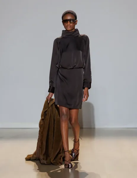 Marks & Spencer Funnel Neck Blouson Mini Waisted Dress Chocolate
