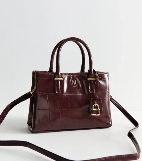 New Look Dark Burgundy Faux Patent Leather Crocodile Embossed Crossbody Mini Bag