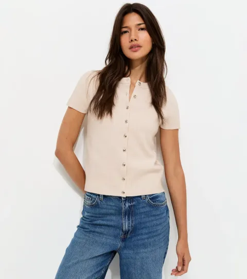 Women's Off White Compact Knit Cap Sleeve Buttoned Top