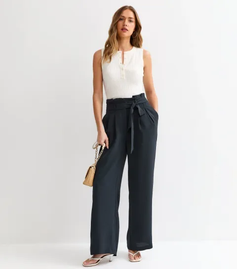 Women's Navy Crinkle Texture Paperbag Waist Wide Leg Trousers
