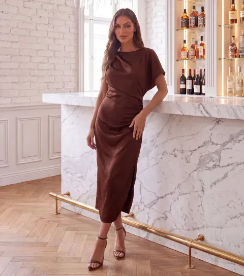 Women's Dark Brown One Sleeve Ruched Midi Dress