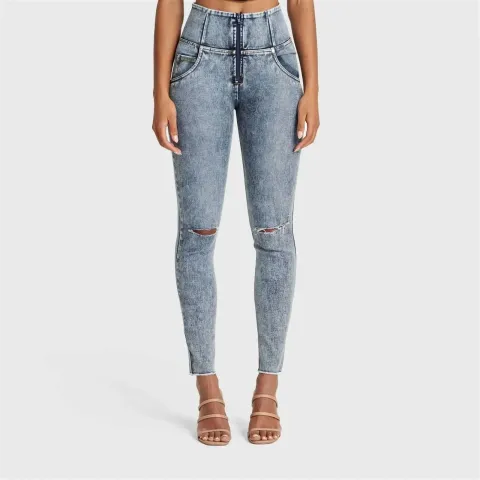 Freddy WRUP SNUG Ripped Jeans - High Waisted - Full Length - Blue Stonewash + Yellow Stitching