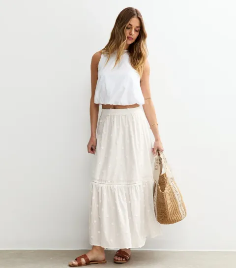 Women's White Floral Embroidered Midi Skirt