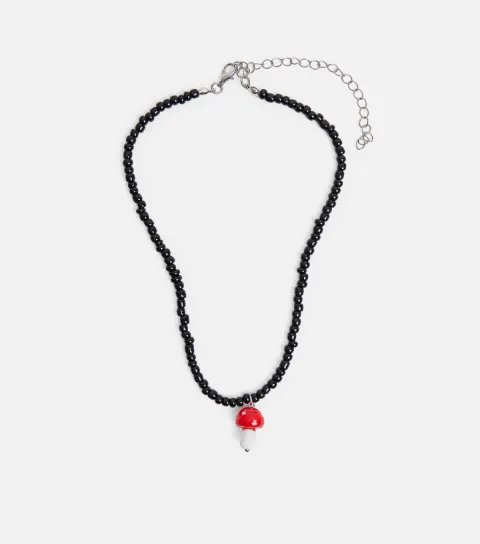 Black Beaded Mushroom Pendant Necklace