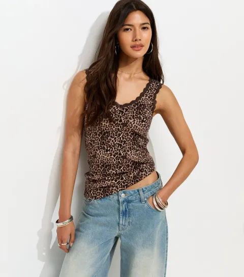 Women's Brown Cotton Rich Leopard Print Lace Trim Vest