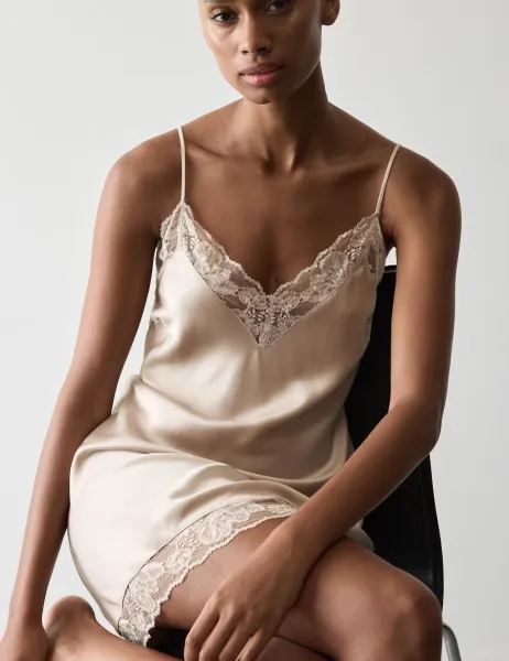 Autograph Satin Strappy Lace Detail Chemise Light Buff