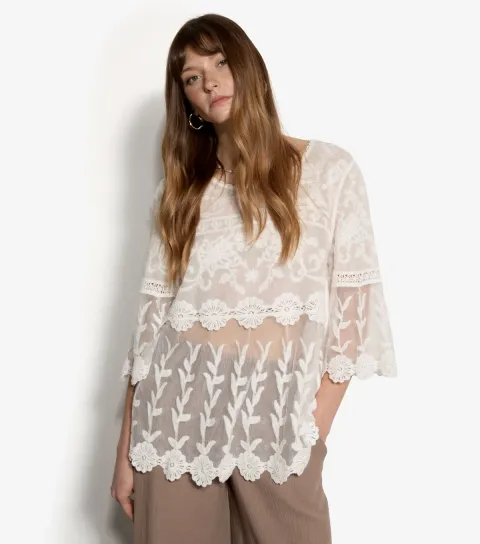 Women's Cream Sheer Embroidered Bell Sleeve Top