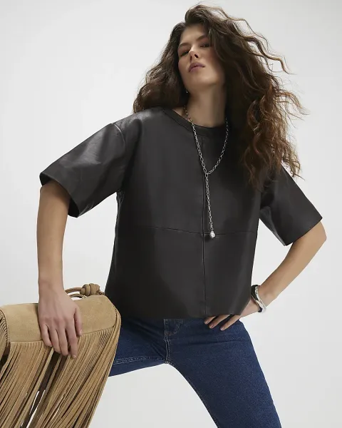 River Island Brown Leather T-Shirt