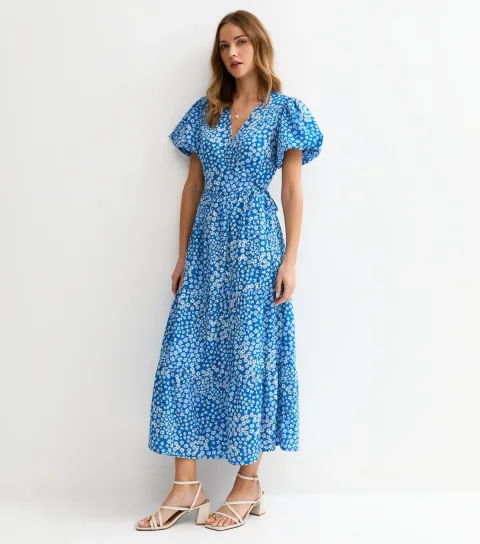 Women's Blue Crepe Floral Print Wrap Midi Dress