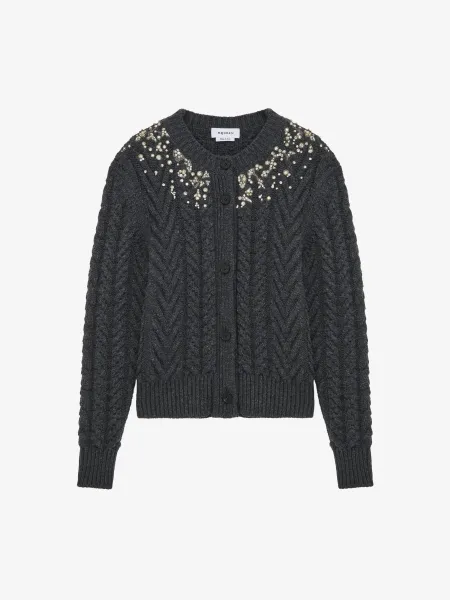 Crystal Embroidery Cable Knit Cardigan