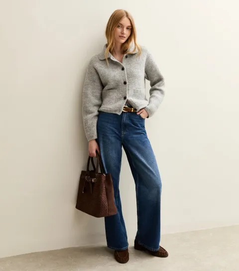 Women's Grey Knit Collared Button Through Cardigan