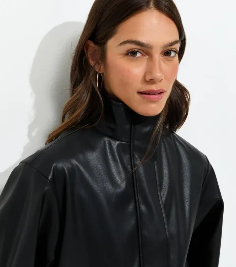 Women's Petite Black Faux Leather Funnel Neck Flap Pocket Jacket