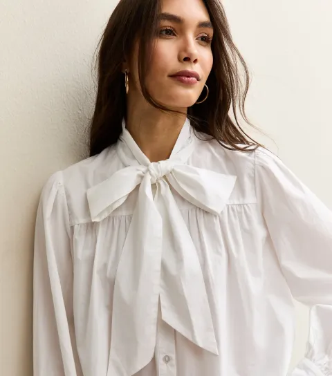 Women's White Poplin Cotton Pussybow Neck Long Sleeve Blouse