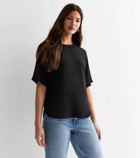 Women's Black Woven Crew Neck T-Shirt