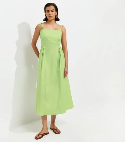 Women's Light Green Godet Skirt Tie Strap Midi Dress