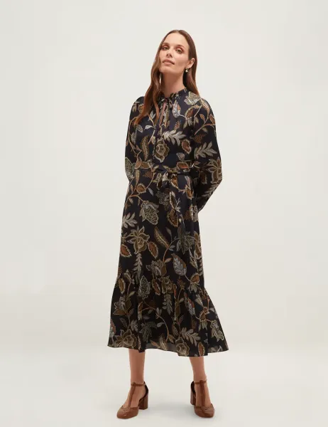 Hobbs Paisley Tie Neck Knee Length Skater Dress Blue Mix