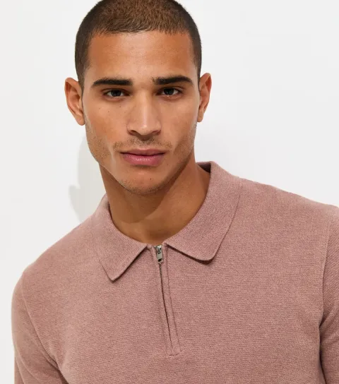 Men's Light Pink Knitted Zip Front Polo Shirt