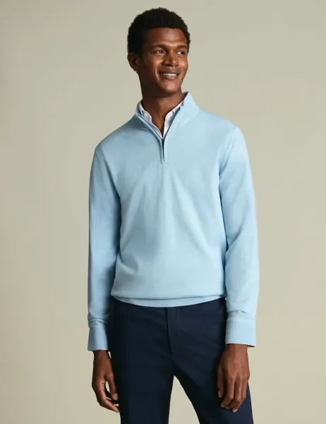 Charles Tyrwhitt Pure Extra Fine Merino Wool Half Zip Jumper Pale Blue