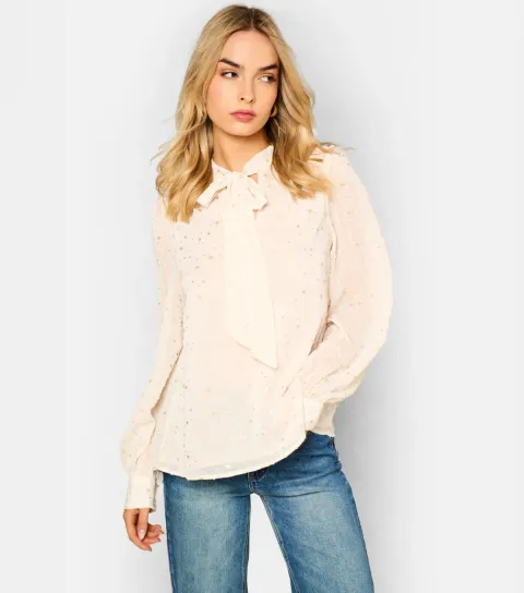 Women's Oatmeal Star Print Tie Neck Long Sleeve Blouse