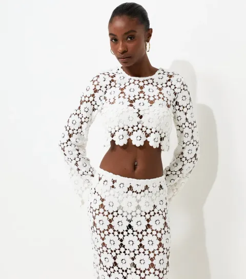Women's Premium White Cotton Floral Crochet Look Long Sleeve Beach Top