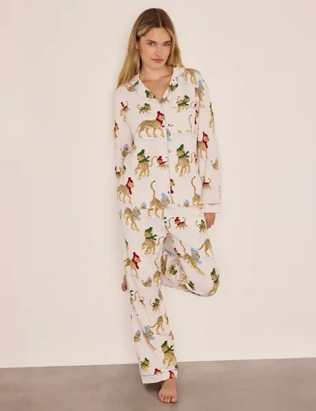 Chelsea Peers Family Christmas Skating Leopard Print Pyjama Set Cream Mix