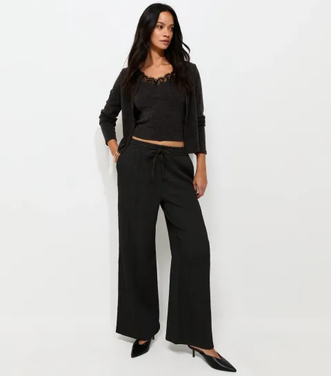 Women's Black Ribbed Texture Wide Leg Trousers