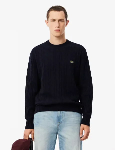 Lacoste Pure Wool Cable Crew Neck Jumper Navy