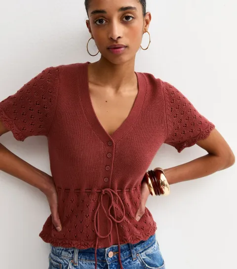 Women's Dark Red Cotton Rich Knit Tie Waist Short Sleeve Cardigan