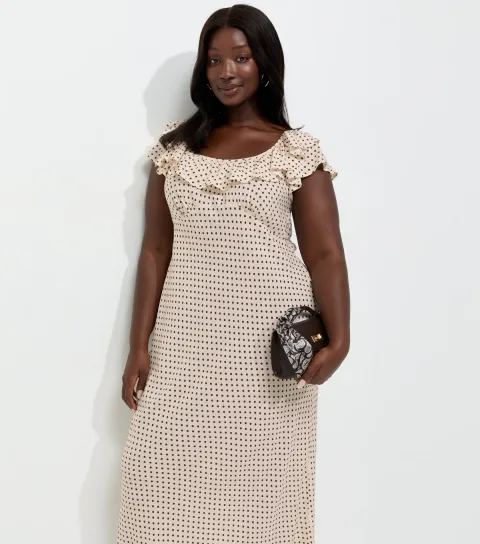 Women's Plus Size Cream Polka Dot Ruffle Neck Midi Dress Curves
