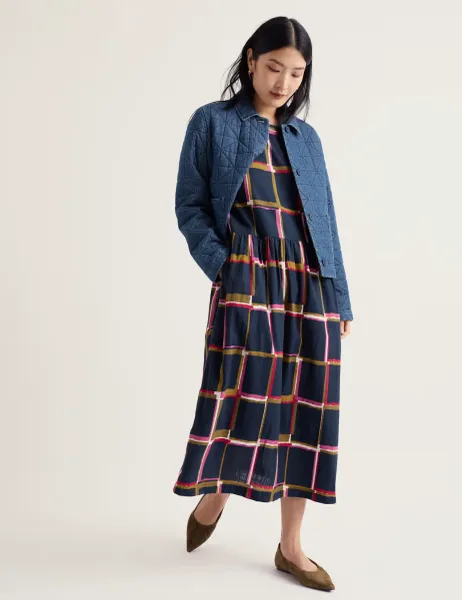 Seasalt Cornwall Pure Cotton Checked Midaxi Waisted Dress Navy Mix