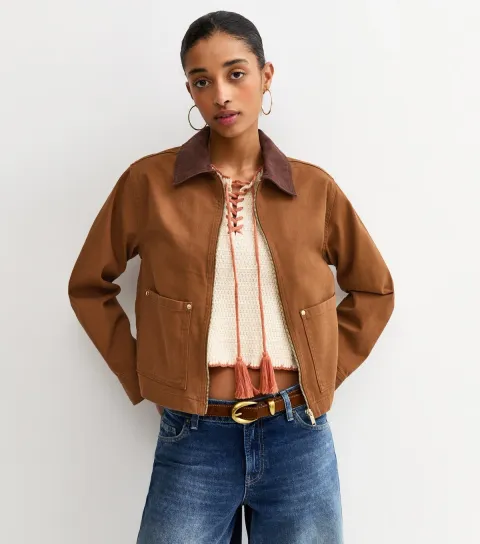 Women's Dark Brown Contrast Collar Barn Jacket