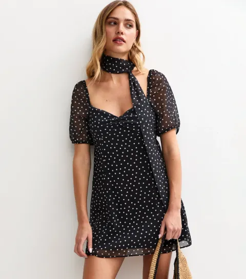 Women's Black Polka Dot Print Chiffon Neck Tie Mini Dress