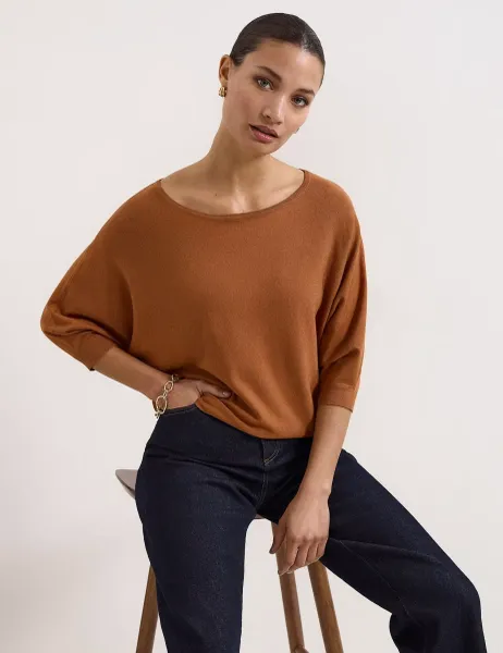 Phase Eight Slash Neck Batwing Sleeve Knitted Top Tan