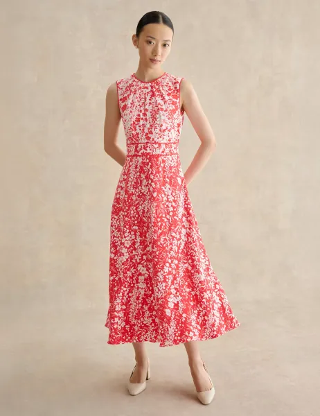Hobbs Floral Tie Waist Midi Waisted Dress Red Mix