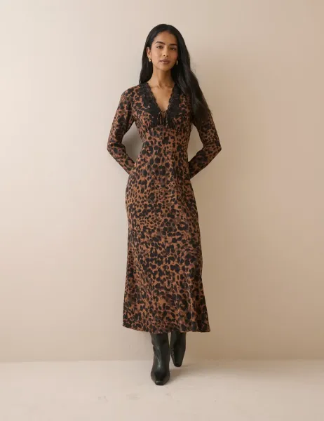 Nobody's Child Animal Print V-Neck Midi Tea Dress Brown Mix