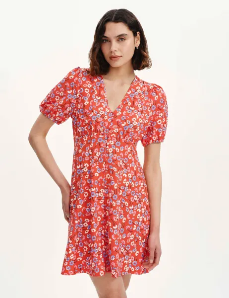 Finery London Floral V-Neck Mini Tea Dress Red Mix
