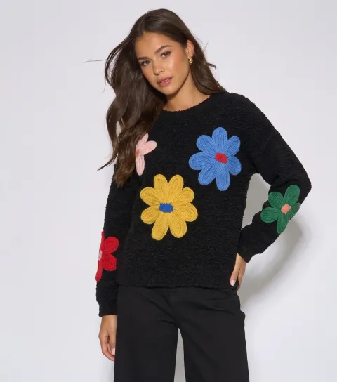Gini London Women's Black Crochet Knitted Jumper